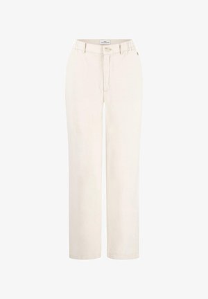 Beige hlače ravnega kroja z zadrgo in gumbom, opremljene z luknjami za pas in gladko teksturo. Prilagodljiv in sproščen dizajn za vsakodnevno nošenje.
