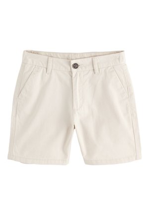 Beige bomuldsshorts med forreste knap, bæltestropper, sidelommer og syningsdetaljer på en hvid baggrund.