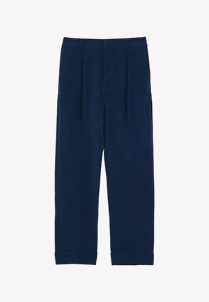 Marineblaue Cordhosen mit entspannter Passform, ausgestattet mit vorderen Falten und umgeschlagenen Säumen. Die Textur ist gerippt, mit einem stabilen Taillenbund.