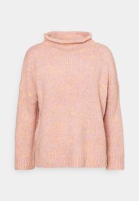 Överdimensionerad rosa tröja med hög, vikbar krage. Tillverkad av strukturerad stickning, med ett subtilt prickigt mönster i gula accenter.