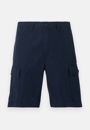 Marineblå cargoshorts med knappelukking foran, beltehemper, sidelommer med klaff og knapp, og rett kant.