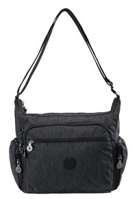 Gray fabric shoulder bag with multiple zippered pockets, adjustable strap, smooth texture, and a circular logo on the front.