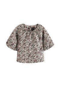 Lyhythihainen paita tekstuurikankaasta, jossa on vaaleanharmaa pohja ja pinkkejä sekä mustia kukkakuoseja. Pyöreä pääntie ja löysä istuvuus.