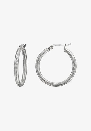 Silver hoop earrings featuring a twisted cable design, with a hinged clasp and smooth finish. The texture is detailed and shiny.