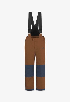 Braune und marineblaue Outdoor-Hosen mit verstellbaren schwarzen Hosenträgern, elastischem Bund und verstärkten Knie- und Knöchelpartien.