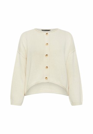 Cream-colored knitted cardigan with a round neckline, six large buttons down the front, and slightly cropped sleeves. Textured pattern throughout.