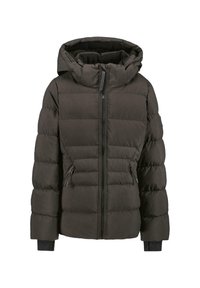 Donkere pufferjack met een capuchon, voorzien van gestikte secties, zwarte rits en twee zijvakjes met ritssluitingen. Gelaagd stof met elastische manchetten.