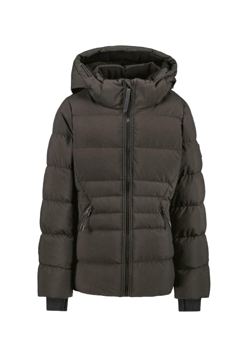 Donkere pufferjack met een capuchon, voorzien van gestikte secties, zwarte rits en twee zijvakjes met ritssluitingen. Gelaagd stof met elastische manchetten.