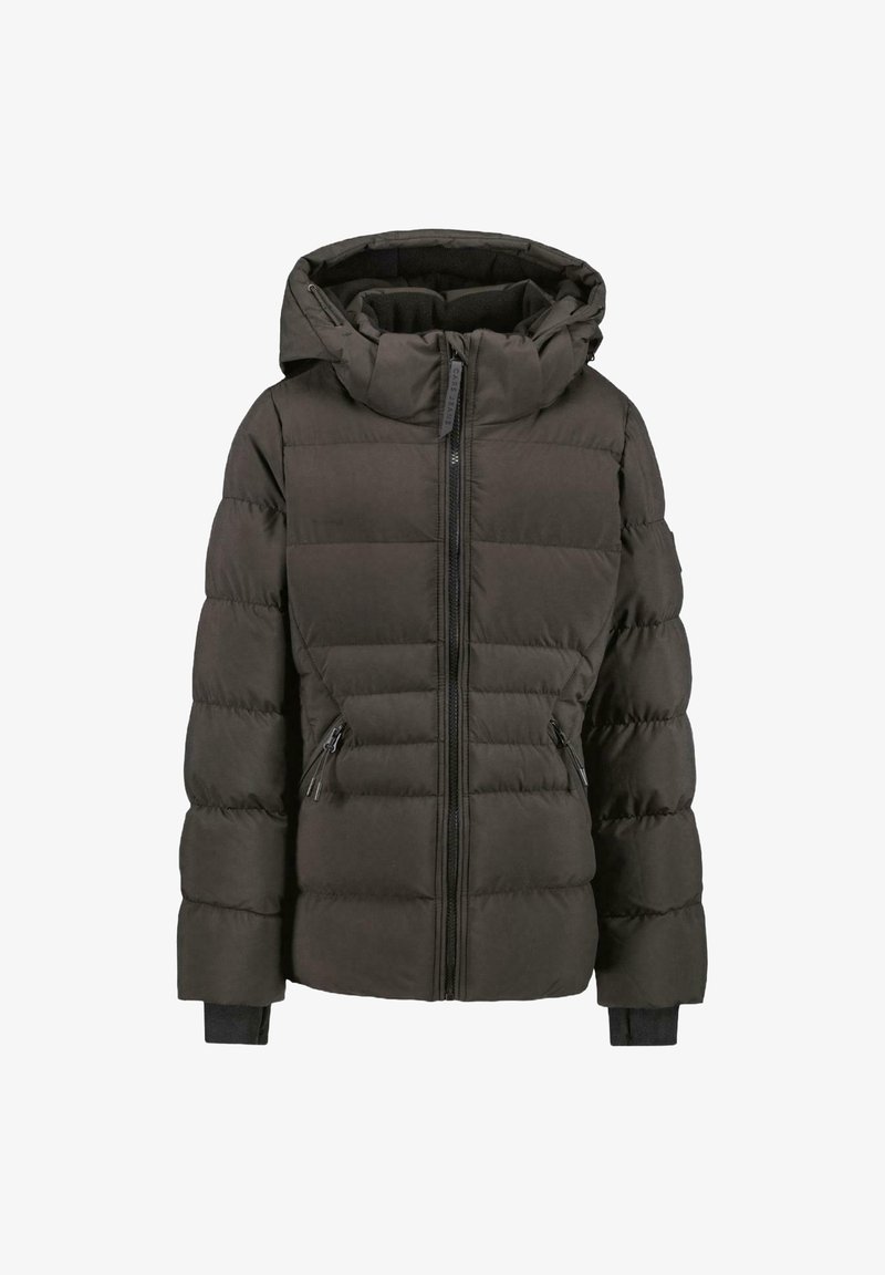 Donkere pufferjack met een capuchon, voorzien van gestikte secties, zwarte rits en twee zijvakjes met ritssluitingen. Gelaagd stof met elastische manchetten.