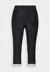 Pantaloni sportivi neri con dettagli di imbottitura a forma di cuore, texture liscia, lunghezza cropped e polsini azzurri chiari all'orlo.