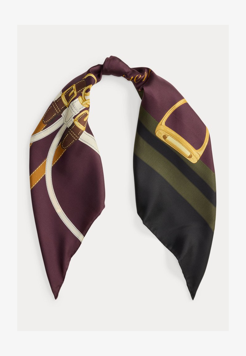 Silk scarf in deep burgundy, featuring printed gold buckles and stripes in olive and black, with a smooth, shiny texture and pointed ends.