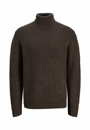 Brauner gerippter Rollkragenpullover mit strukturiertem Strickmuster. Verfügt über lange Ärmel und einen hohen Kragen, gefertigt aus weichem Material.