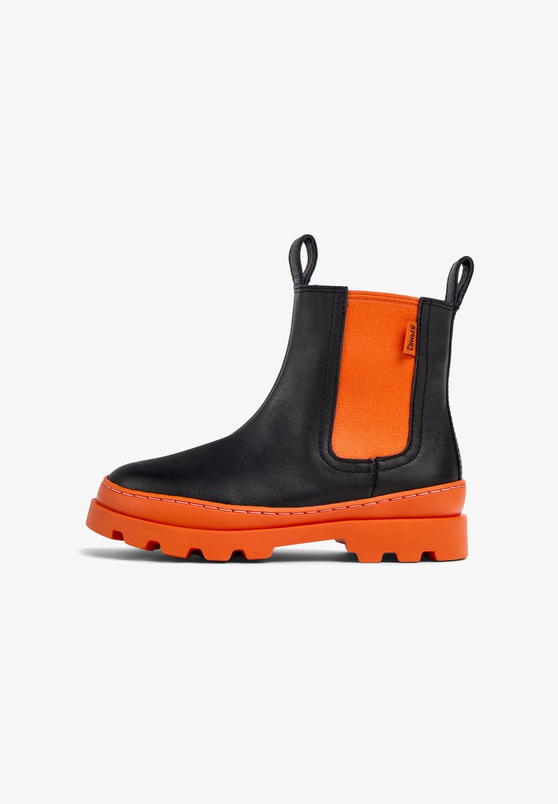 Black leather ankle boot with bright orange elastic side panel and ridged orange sole. Features pull tabs for easy wear and contrasting stitching.