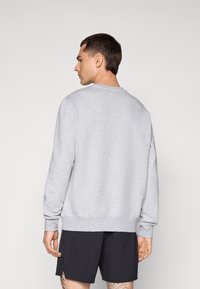 Felpa grigia con maniche lunghe e scollatura a girocollo, realizzata in materiale morbido, con bordo e polsini a coste, indossata da un modello visto da dietro.