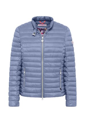 Jasnoszara pikowana kurtka z pełnym zamkiem błyskawicznym z przodu, dwoma zamykanymi bocznymi kieszeniami oraz krótkim stójką.