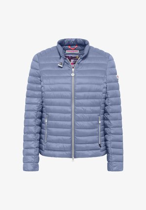 Jasnoszara pikowana kurtka z pełnym zamkiem błyskawicznym z przodu, dwoma zamykanymi bocznymi kieszeniami oraz krótkim stójką.