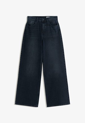 Džínsy s širokými nohavicami v tmavomodrom denime, vybavené klasickým päťvreckovým dizajnom, s hladkou textúrou a zapínaním na gombík v páse.