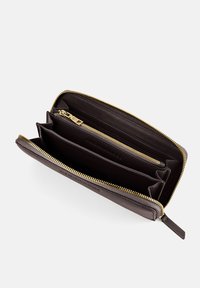 Brown leather wallet with a gold zipper, featuring multiple compartments, including a zippered section for coins and card slots.