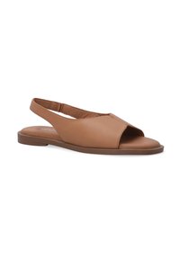Slingback sandály z hnědé kůže s otevřenou špičkou, plochou podešví a minimálními detaily. Disponují širokým předním páskem a nastavitelným podpatkem.