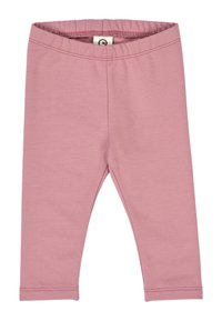 Leggings rosa in cotone con cintura elastica, dettagli cuciti e texture liscia. Senza fantasie o decorazioni.