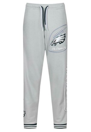 Gray cotton sweatpants featuring an eagle logo and "Fly Eagles Fly" text. Elastic waistband with drawstring, ribbed cuffs, and side graphic.