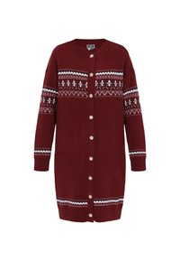 Bordó kötött kardigán fehér és fekete mintás vállrésszel, hosszú ujjakkal, elöl gombokkal, valamint bordázott mandzsettával és szegéllyel.