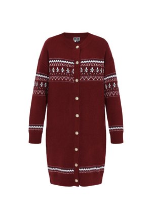 Cardigan en tricot bordeaux avec empiècement à motif blanc et noir, manches longues, boutons sur le devant, et bords-côtes aux poignets et à l'ourlet.