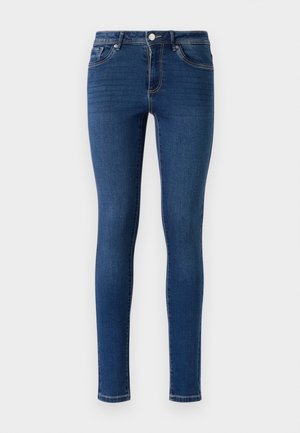 Skinny denim jeans in dark blue. Features a classic five-pocket design, metal button closure, and subtle stitching along the seams.