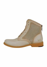 Botas de tobillo con cordones en piel suave de color beige, con un panel lateral de malla, puntera en color crema y suela de goma. Incluyen una cremallera en la parte trasera.