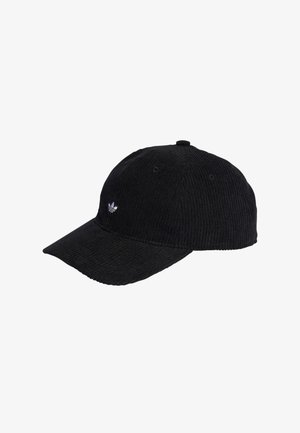 Černá baseballová čepice z manšestru s klenutým kšiltem, s malým bílým logem Adidas na přední straně. Texturovaná látka s prošitými detaily.