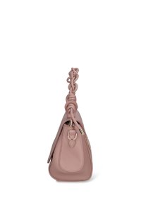 Borsa a mano in pelle rosa cipria con manico intrecciato unico, forma arrotondata, chiusura con cerniera e dettagli in metallo color oro. Vista laterale.