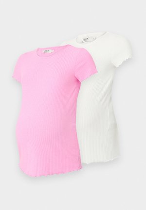 To gravide t-skjorter i rosa og hvitt, begge med ribbet stoff, korte ermer, med bølgekant og rund hals.