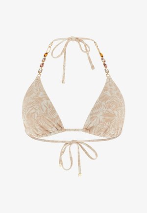 Beige driehoekige bikini top met een delicaat patroon van bladeren en schelpen, met nek- en rugstrikken, versierd met kralen die op edelstenen lijken op de schouderbandjes.