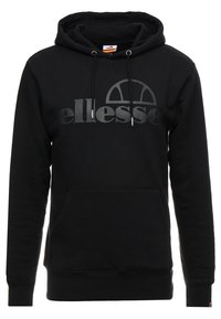 Černá mikina s kapucí z fleecu, s velkým šedým logem "ellesse" na přední straně, přední kapsou a nastavitelnými šňůrkami.