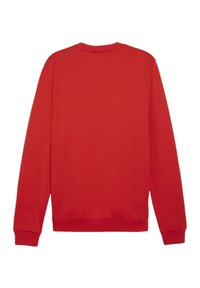 Felpa rossa in misto cotone, con scollo rotondo, maniche lunghe, polsini e orlo a costine, texture liscia e senza grafiche visibili.