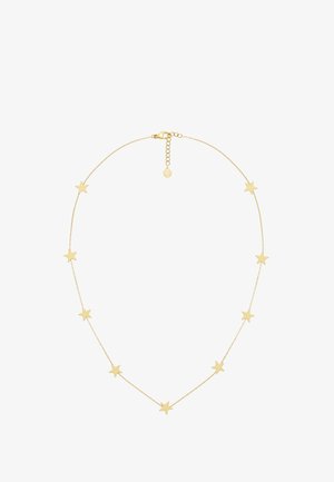Necklace z pozlate featuring pet zvijezda u obliku privjeska na delikatnoj ogrlici. Uključuje kopču u obliku jastoga i produžni lanac za prilagodljivu dužinu.