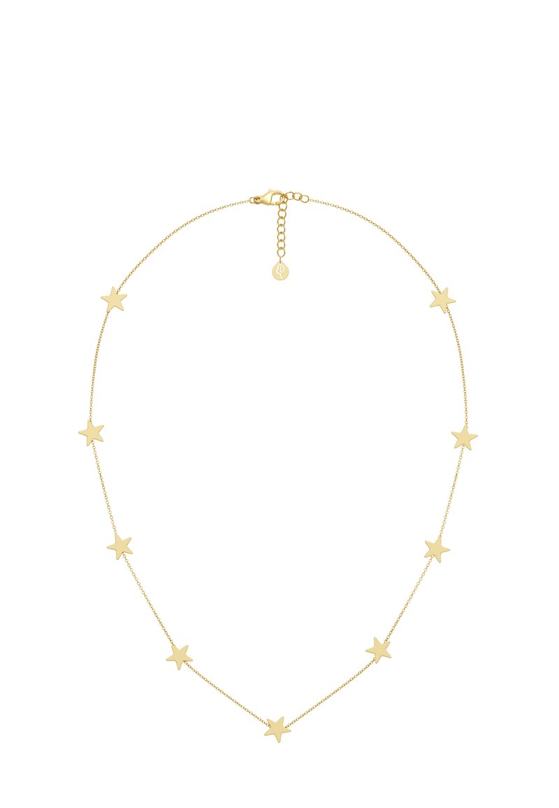 Gold-tone necklace featuring five star-shaped pendants along a delicate chain. Includes a lobster clasp and extension chain for adjustable length.