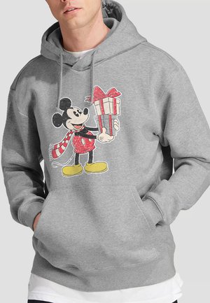 Gray hoodie featuring a graphic of Mickey Mouse holding a stacked gift with red bows. Material is soft with a front pocket.