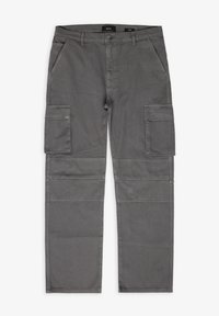 Grijze cargobroek met een rechte snit, meerdere cargopockets en een knoopsluiting. Gemaakt van stevige stof met zichtbare stikseldetails.