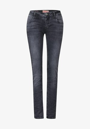 Slim-fit zwarte denim jeans met een vervaagde afwerking, vijf-pocket ontwerp, knoopsluiting en subtiele stikseldetails langs de naden.