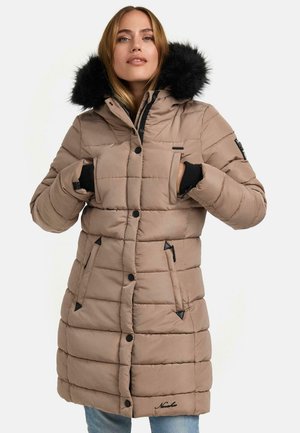 Beige puffer coat with a fur-trimmed hood, quilted design, two side pockets, black accents, and button closures. Durable fabric and warm insulation.