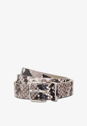 Ceinture imprimée python en nuances de gris et noir, dotée d'une boucle rectangulaire argentée et d'une texture lisse avec un design en couches.