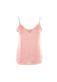 Camiseta de seda rosa pálido con detalles de encaje a lo largo del escote en V y tirantes ajustables, con una textura suave y un dobladillo curvado.