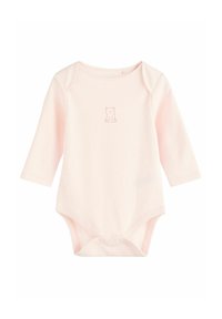Rosa Langarm-Babybodysuit aus weicher Baumwolle, mit einem kleinen Bären-Logo in der Mitte und Druckknöpfen am unteren Ende.