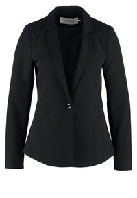 Černý dámský sako na míru s jednobarevným zapínáním, klopovým límcem a dvěma předními kapsami.