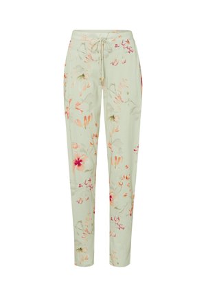 Light green drawstring pants with pink and orange floral print, straight legs, and side pockets.