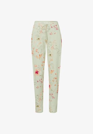 Světle zelené kalhoty se stahem na šňůrku, růžovo-oranžový květinový potisk, rovné nohavice a boční kapsy.