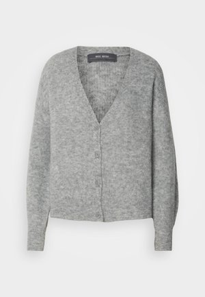 Gray wool cardigan with a V-neck, button front, and long sleeves. Features a soft texture and a relaxed fit. No patterns or accents.