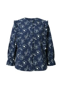 Blusa blu navy con motivo floreale bianco. Presenta spalline e polsini arricciati. Realizzata in tessuto leggero, chiusura frontale con bottoni.
