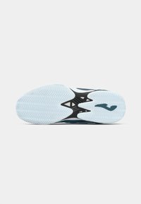 Sola de sapato com um design em preto e azul, borracha texturizada azul-clara com padrão de ondas e detalhes recortados para flexibilidade.